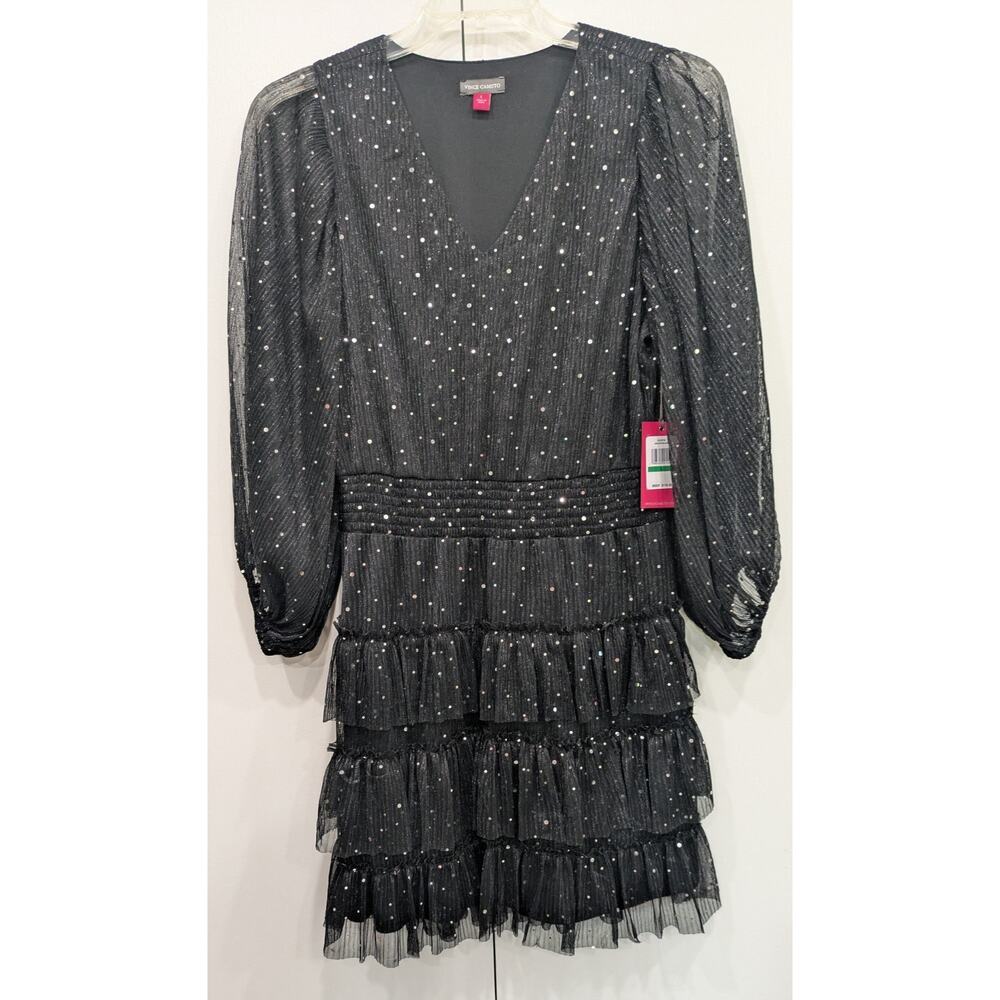 NWT Vince Camuto Rich Black Sequin Whimsygoth Tiered Ruffle Mini Dress - Size L